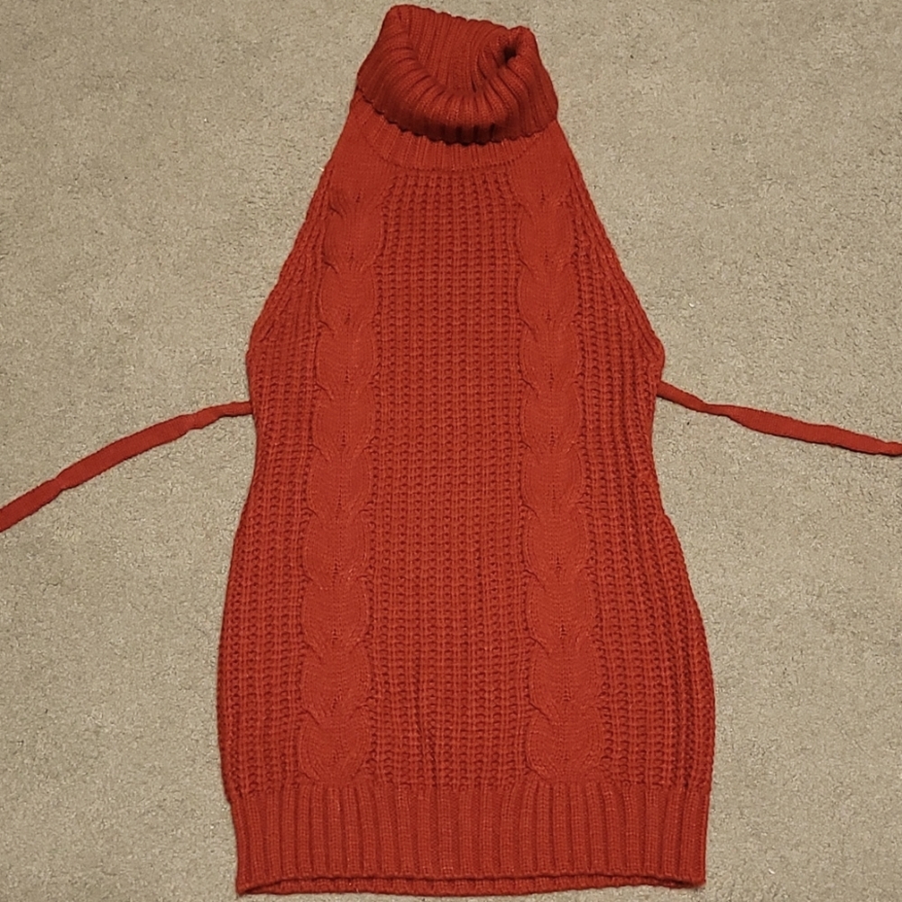 Turtle neck, body con, open back sweater dress